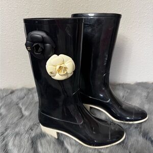 Chanel Black Camellia mid-calf Rain Boots